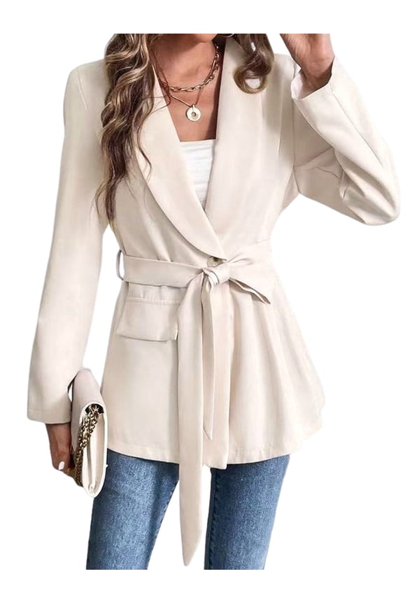 Women'S Casual Belted Blazer Lapel Long Sleeve Work Office Wrap Blazer Jackets Color S