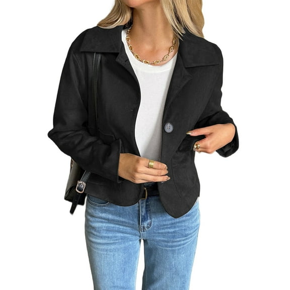 Women'S Casual Blazer Jacket Notched Lapel Single Breasted Faux Suede Leather Suit Jacket Black L