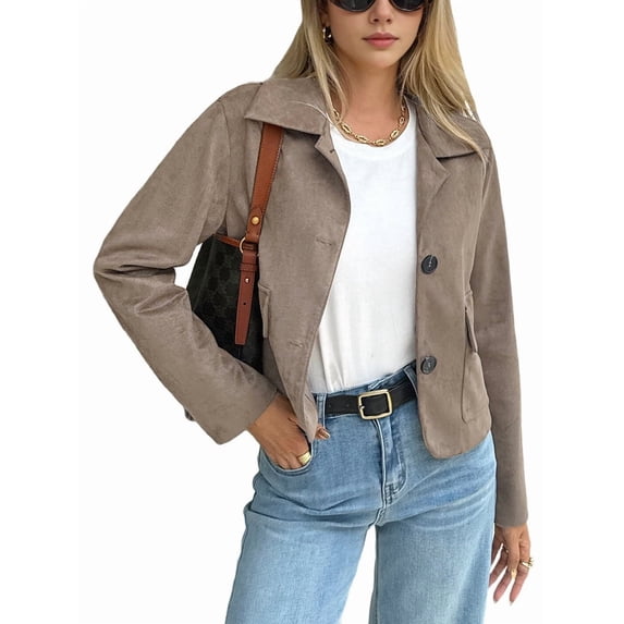 Women'S Casual Blazer Jacket Notched Lapel Single Breasted Faux Suede Leather Suit Jacket Khaki S
