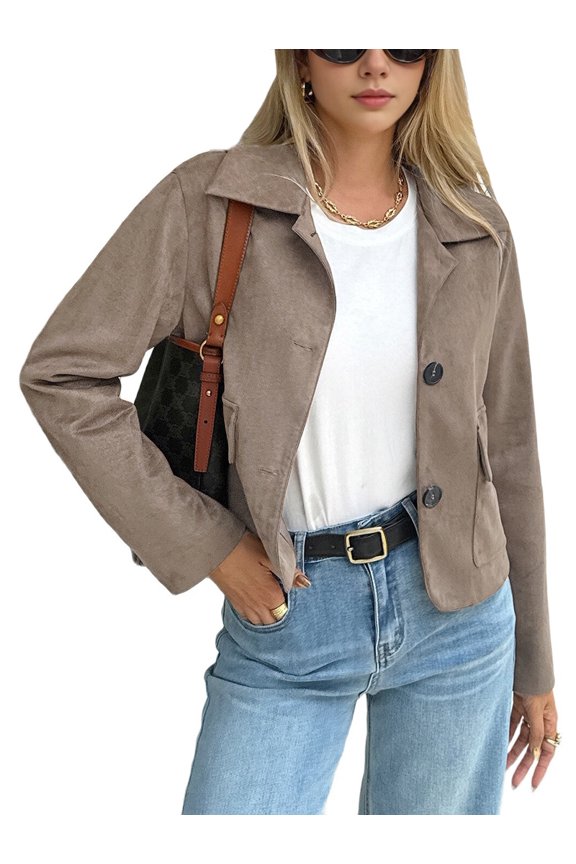 Women'S Casual Blazer Jacket Notched Lapel Single Breasted Faux Suede Leather Suit Jacket Khaki S