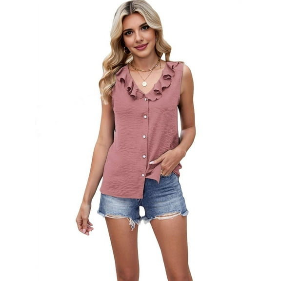 Women'S Casual Blouses Sleeveless Buttons V Neck Ruffle Tank Tops 2025 Trendy Summer Business Shirts Pink XXL
