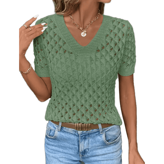 Women'S Casual Blue Top with Geometric Cutout Design - Loose Fit, V-Neck, Short Sleeve Sweater for Spring and Summer, Versatile and Stylish