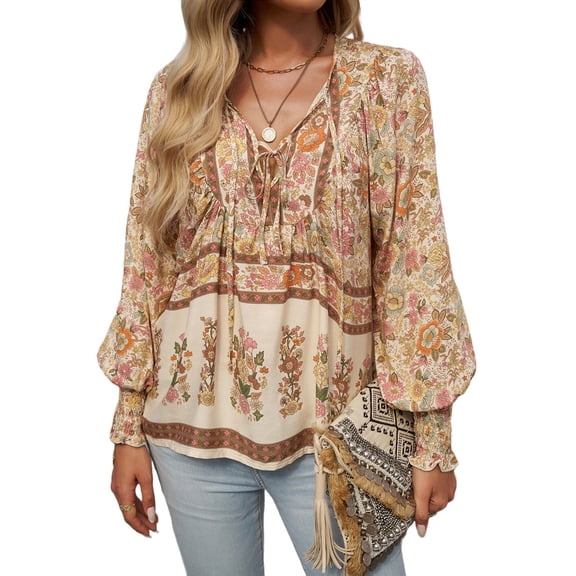 Women'S Casual Boho V Neck Top Loose Floral Printed Long Sleeve Beach Shirts Blouses Apricot XL