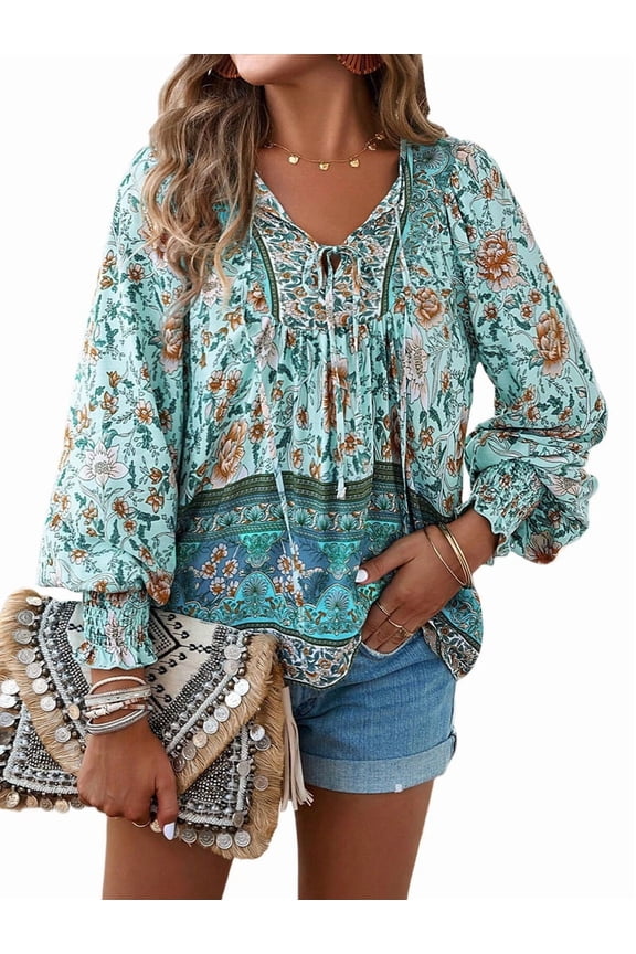 Women'S Casual Boho V Neck Top Loose Floral Printed Long Sleeve Beach Shirts Blouses Blue L
