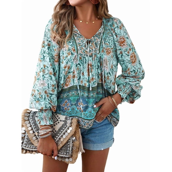 Women'S Casual Boho V Neck Top Loose Floral Printed Long Sleeve Beach Shirts Blouses Blue S