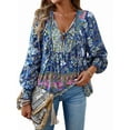thumbnail image 1 of Women'S Casual Boho V Neck Top Loose Floral Printed Long Sleeve Beach Shirts Blouses Navy Blue M, 1 of 8