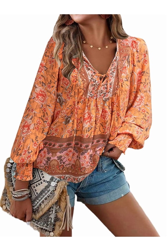 Women'S Casual Boho V Neck Top Loose Floral Printed Long Sleeve Beach Shirts Blouses Orange Color M