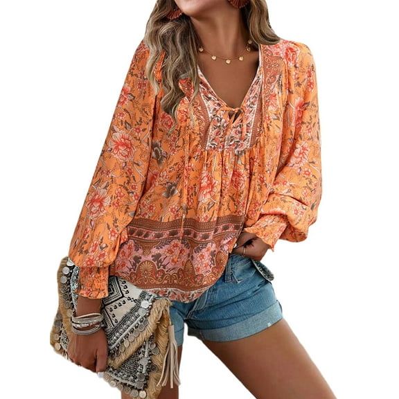 Women'S Casual Boho V Neck Top Loose Floral Printed Long Sleeve Beach Shirts Blouses Orange Color XL