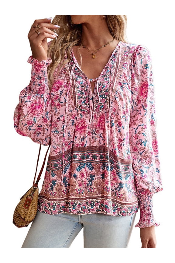 Women'S Casual Boho V Neck Top Loose Floral Printed Long Sleeve Beach Shirts Blouses Pink XL