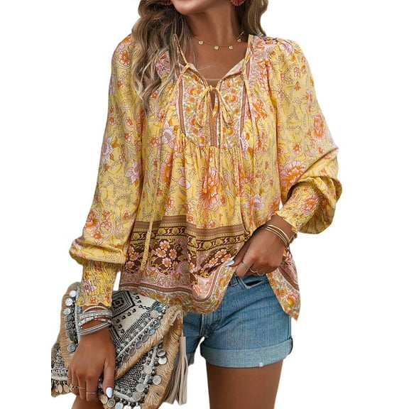 Women'S Casual Boho V Neck Top Loose Floral Printed Long Sleeve Beach Shirts Blouses Yellow L