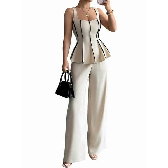 Women'S Casual Business Summer 2-Piece Suit Slim Fit Elegant Vest and Wide-Leg Pants Suit Gray  Color XL
