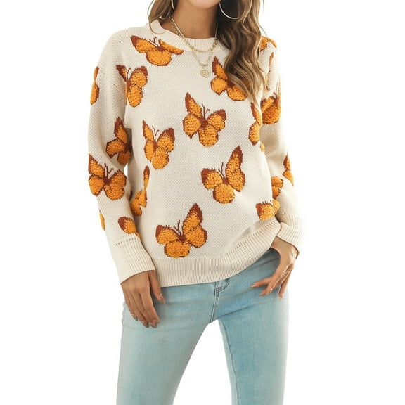 Women'S Casual Butterfly Print Knitted Pullover Sweaters Long Sleeve Crew Neck Jumper Tops S