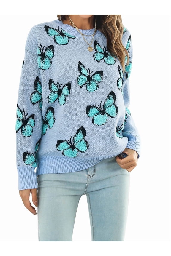 Women'S Casual Butterfly Print Knitted Pullover Sweaters Long Sleeve Crew Neck Jumper Tops Blue XL