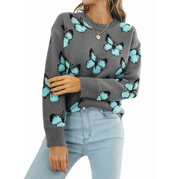 Women'S Casual Butterfly Print Knitted Pullover Sweaters Long Sleeve Crew Neck Jumper Tops Gray S