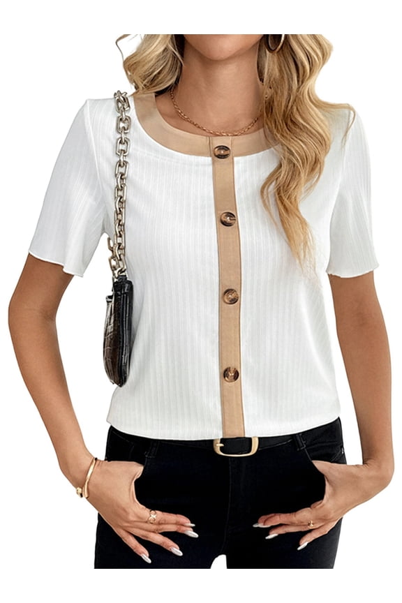 Women'S Casual Button Trim Color Block Short Sleeve Ribbed Knit T-Shirt Y2K Basic Top White M