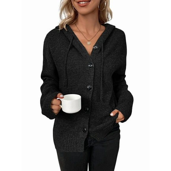 Women'S Casual Cardigan V Neck Button Down Hooded Sweaters Long Sleeve Hoodies Outfits Black L