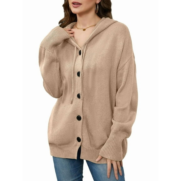 Women'S Casual Cardigan V Neck Button Down Hooded Sweaters Long Sleeve Hoodies Outfits Khaki XL