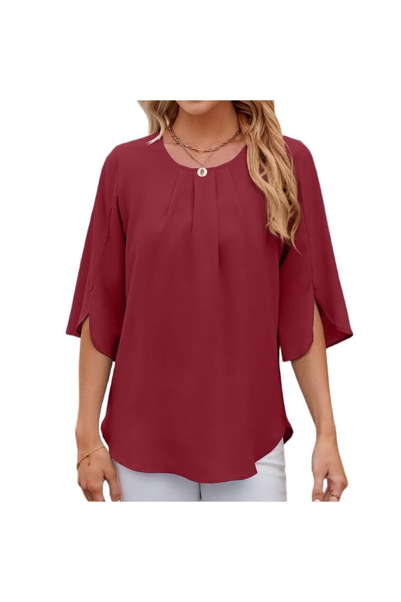 Women'S Casual Chiffon Blouse Tops 1/2 Ruffled Sleeve Crew Neck Loose Fit Blouses Shirts Claret L