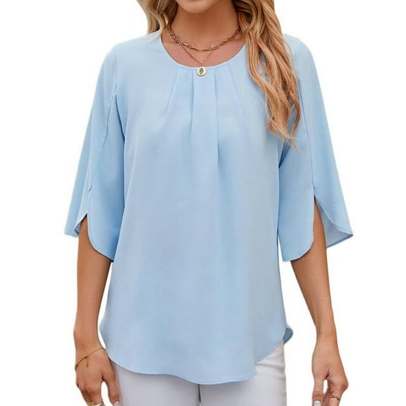 Women'S Casual Chiffon Blouse Tops 1/2 Ruffled Sleeve Crew Neck Loose Fit Blouses Shirts Sky Blue M