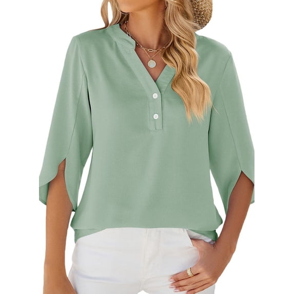 Women'S Casual Chiffon Blouse Tops 1/2 Ruffled Sleeve V Neck Loose Fit Blouses Shirts Bean Green S