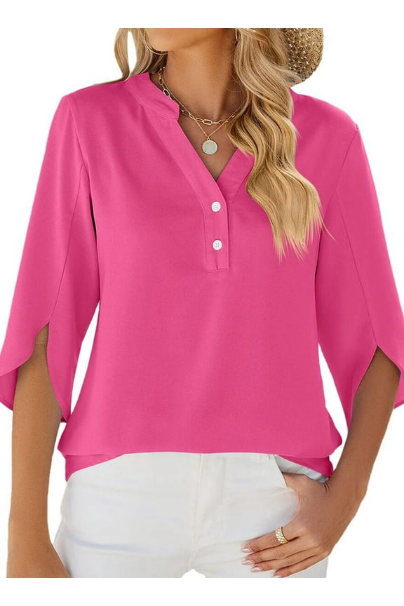 Mawalde Women'S Casual Chiffon Blouse Tops 1/2 Ruffled Sleeve V Neck Loose Fit Blouses Shirts Rose Red L