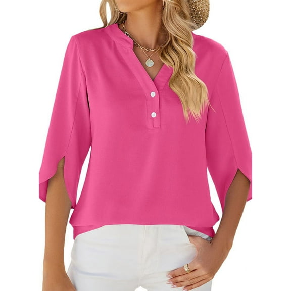 Women'S Casual Chiffon Blouse Tops 1/2 Ruffled Sleeve V Neck Loose Fit Blouses Shirts Rose Red XXL