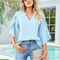 thumbnail image 1 of Women'S Casual Chiffon Blouse Tops 3/4 Ruffled Sleeve V Neck Loose Fit Blouses Shirts Light Blue S, 1 of 6