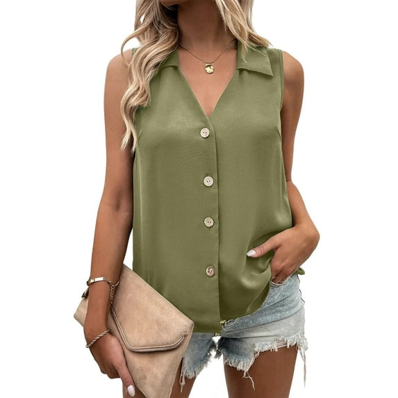 Women'S Casual Collar V Neck Button Down Sleeveless Tunic Blouse Shirt Tank Top Green XXXL