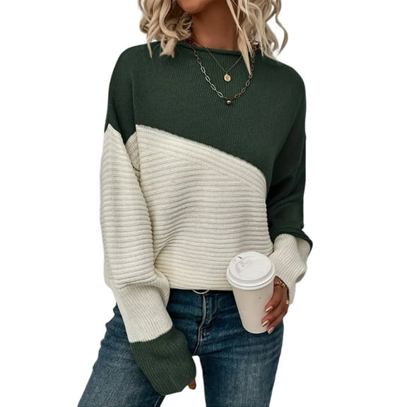 Women'S Casual Color Block Sweater Crewneck Long Sleeve Ribbed Knit Pullover Top Army Green M