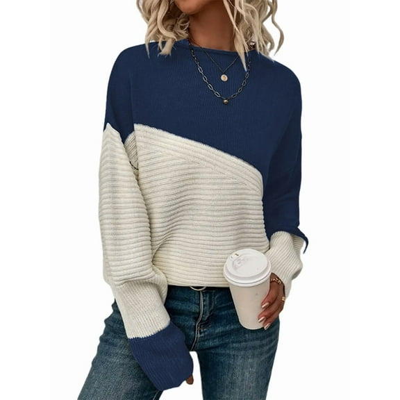 Women'S Casual Color Block Sweater Crewneck Long Sleeve Ribbed Knit Pullover Top Navy Blue S
