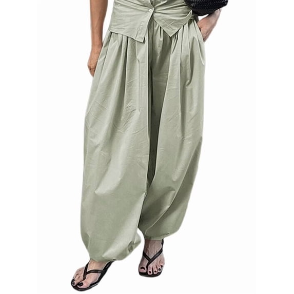 Women'S Casual Cotton Baggy Pants with Elastic Waist Relax Fit Lantern Trouser Green S