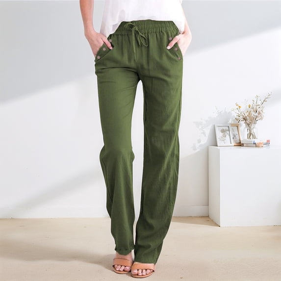 Women'S Casual Cotton Linen Pants Drawstring Light-Weight Summer Fit Straight Leg Lounge Trouser Green L