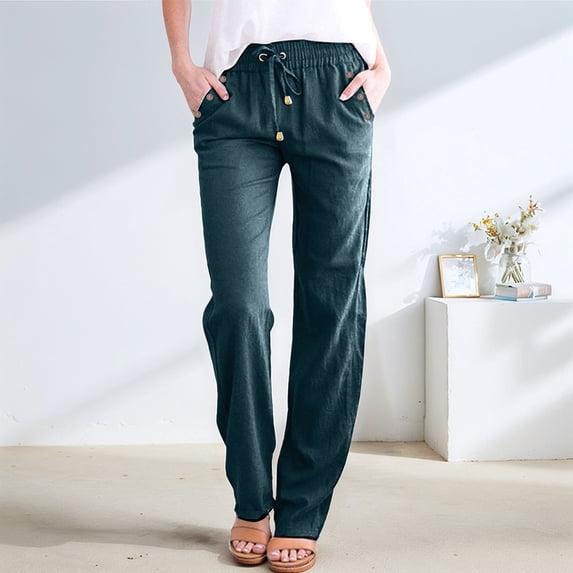 Women'S Casual Cotton Linen Pants Drawstring Light-Weight Summer Fit Straight Leg Lounge Trouser Green M