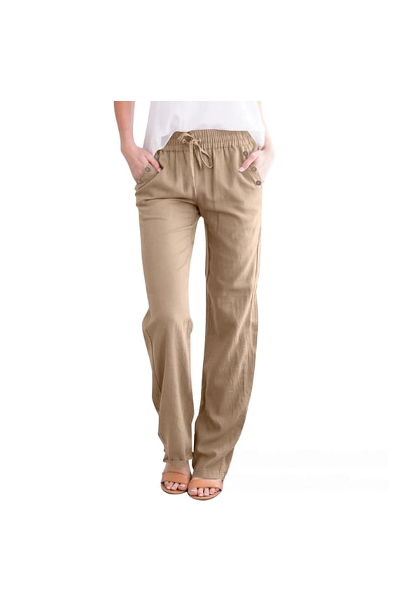 Women'S Casual Cotton Linen Pants Drawstring Light-Weight Summer Fit Straight Leg Lounge Trouser Khaki L