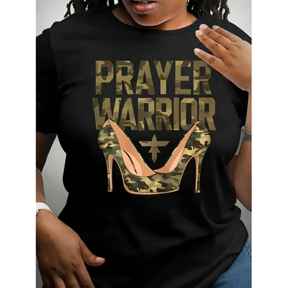 Women'S Casual Crew Neck Cotton T-Shirt with Prayer Warrior & High-Heels Camo Graphic, All-Season Comfort Knit Fabric Tee, Comfy T-Shirts, Casual Sporty Tee, Summer Gifts