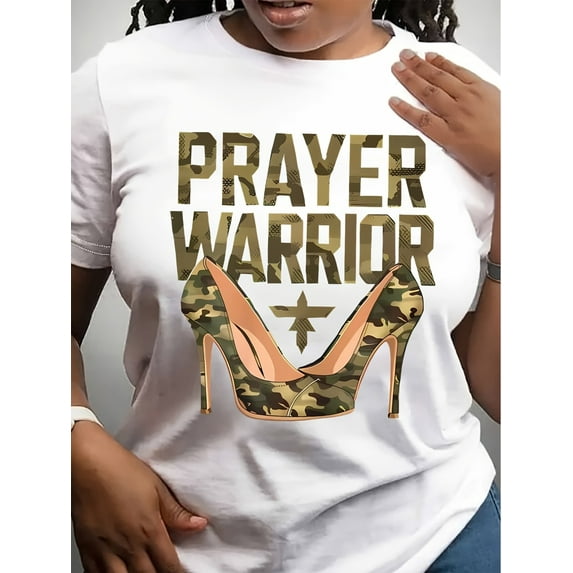 Women'S Casual Crew Neck Cotton T-Shirt with Prayer Warrior & High-Heels Camo Graphic, All-Season Comfort Knit Fabric Tee, Comfy T-Shirts, Casual Sporty Tee, Summer Gifts
