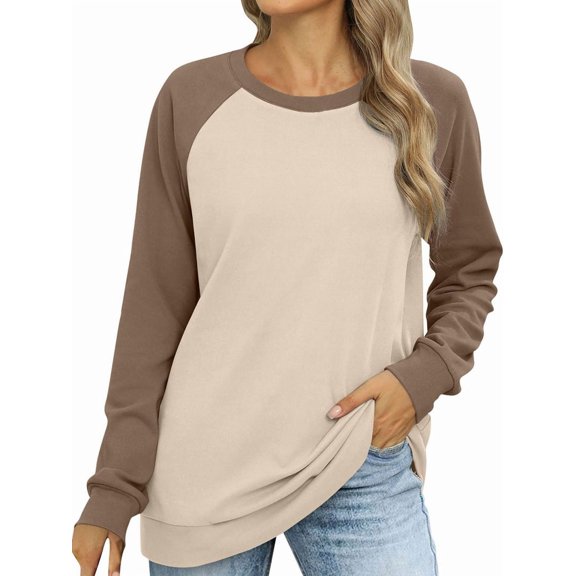 Women'S Casual Crew Neck Raglan Colorblock Long Sleeve Sweatshirt Lightweights Cute Pullover Apricot XL