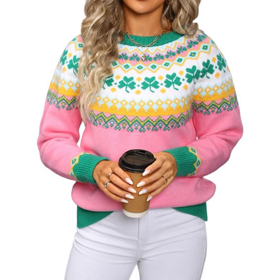 Women'S Casual Crew Neck Ribbed Sweater Pullover Fall Long Sleeve Print Fair Sweater Top Casual Loose Sweater Pink S