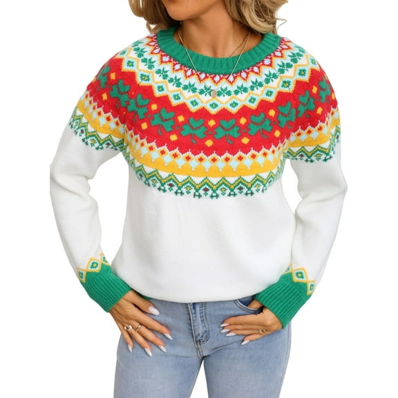 Women'S Casual Crew Neck Ribbed Sweater Pullover Fall Long Sleeve Print Fair Sweater Top Casual Loose Sweater White S