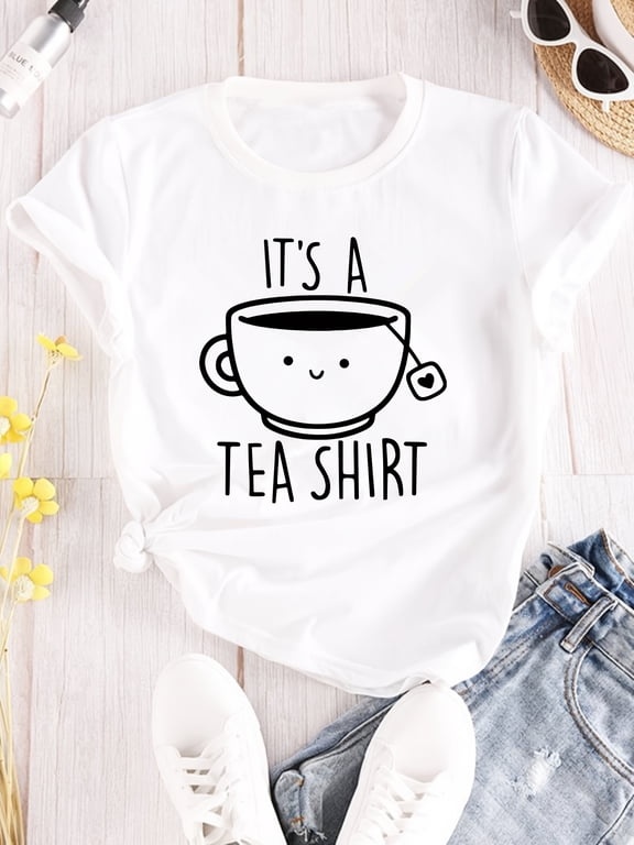 Women'S Casual Crew Neck T-Shirt, 100% Cotton, Regular Length, All-Season Fashion Tee with "It'S a Tea Shirt" Alphabet Pattern