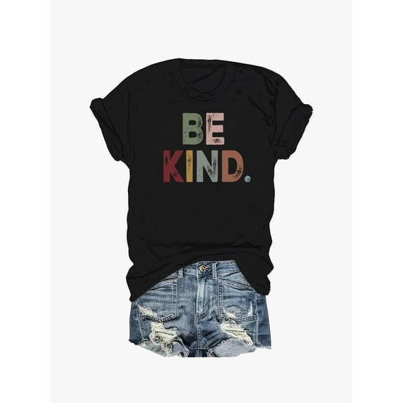 Women'S Casual Crew Neck T-Shirt with "Be Kind" Alphabet Print, Summer Knit Fabric Top with Cotton, Regular Length - 180gsm, Casual Sporty Tee, Summer Gifts