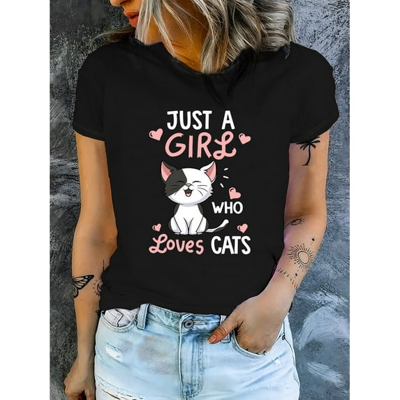 Women'S Casual Crew Neck T-Shirt with Cat Graphic Print, Short Sleeve Cotton, Slight Stretch Summer Top, Animal Pattern, Regular Fit - "Just a Girl Who Loves Cats"