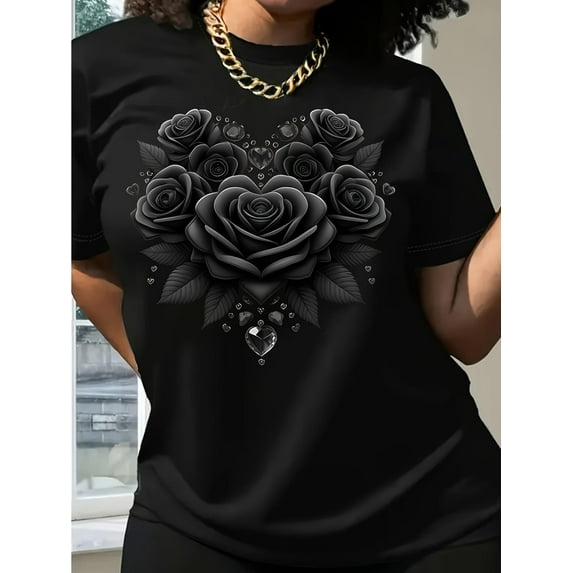 Women'S Casual Crew Neck T-Shirt with Heart-Shaped Rose Graphic Print, Short Sleeve Regular Length Top for Spring and Summer, Stylish Clothing | Styli