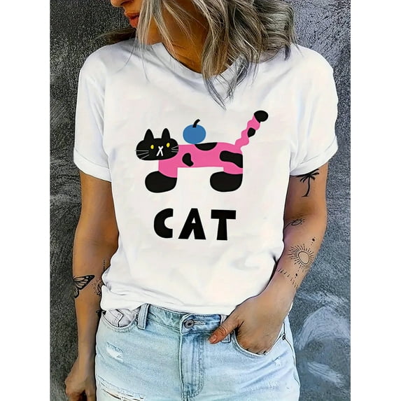 Women'S Casual Crew Neck T-Shirt, Polyester Blend, Medium Stretch Knit Fabric, Animal Pattern, with Pink Cat Graphic, for All-Season Comfort Tee