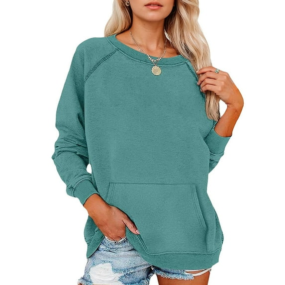 Women'S Casual Crewneck Sweatshirt, Raglan Sleeve Relaxed Fit With Front Pocket, Long All-Season Soft Top For Sporty Streetwear Winter Hoodie Wrm Women Sets Outfits (M, Mint Green) ZMTing