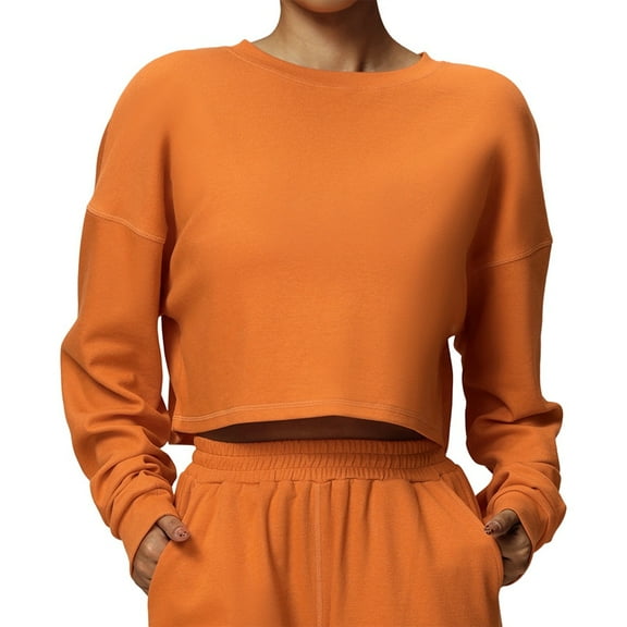 Women'S Casual Cropped Sweatshirt Long Sleeve Crop Top Crewneck Pullover Shirt Bright Orange M