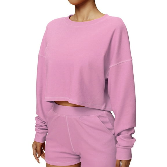 Women'S Casual Cropped Sweatshirt Long Sleeve Crop Top Crewneck Pullover Shirt Pink S