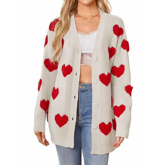 Women'S Casual Cute Heart Embroidered Open Front Aesthetic Artistic V Neck Button Down Slouchy Sweater Coat M