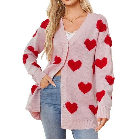 Women'S Casual Cute Heart Embroidered Open Front Aesthetic Artistic V Neck Button Down Slouchy Sweater Coat Pink M
