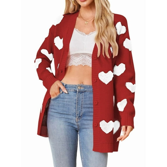 Women'S Casual Cute Heart Embroidered Open Front Aesthetic Artistic V Neck Button Down Slouchy Sweater Coat Red S